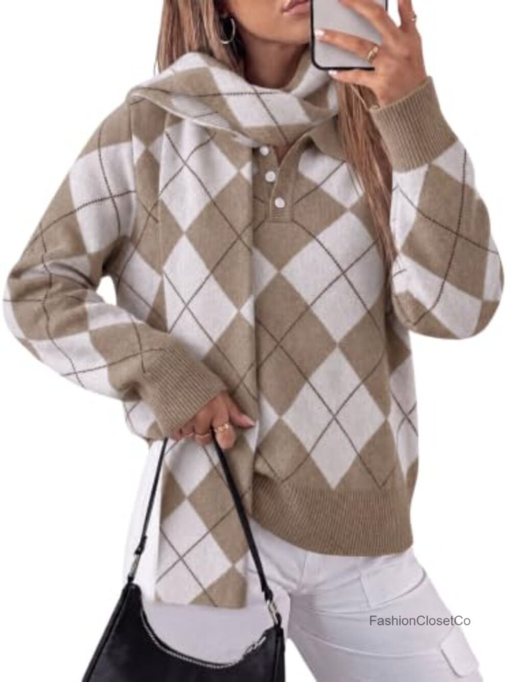 Argyle Color Block Polo Sweater Pullover with Scarf Women